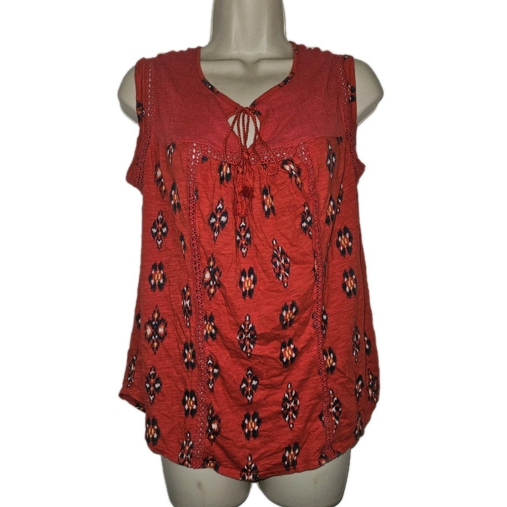 Lucky Brand Sleeveless Top Size S Tassel‎ Tie Neck Lace Accents Red Southwestern - Picture 3 of 8